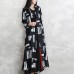 Elegant black print maxi coat oversize Turn-down Collar tie waist long coat vintage long sleeve pockets long coats