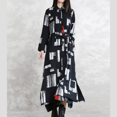 Elegant black print maxi coat oversize Turn-down Collar tie waist long coat vintage long sleeve pockets long coats