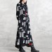 Elegant black print maxi coat oversize Turn-down Collar tie waist long coat vintage long sleeve pockets long coats