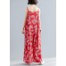 stylish red print cotton carpenter pants loose asymmetric button jumpsuit pants