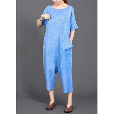 French cotton jumpsuit pants fine blue Solid Color Casual Loose Comfortable Jumpsuit