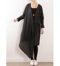 Organic black striped cotton Long Shirts v neck asymmetric Maxi Dresses